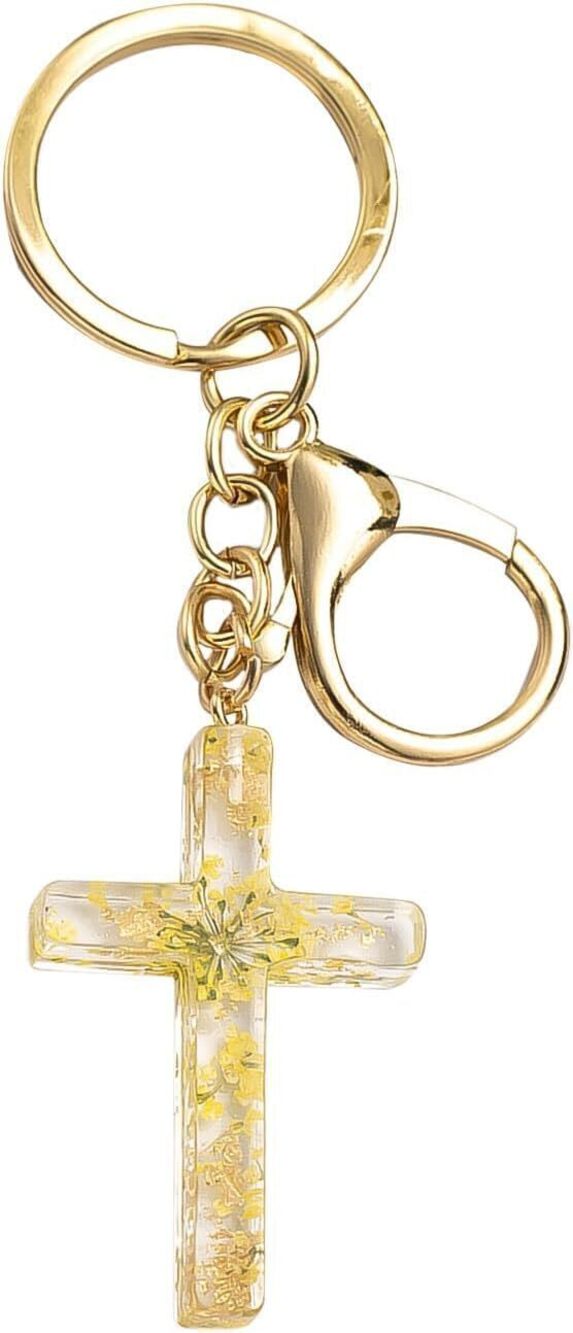 3100 Floral Cross Keychain with Dried Flowers in Clear Resin, Gold-Tone
